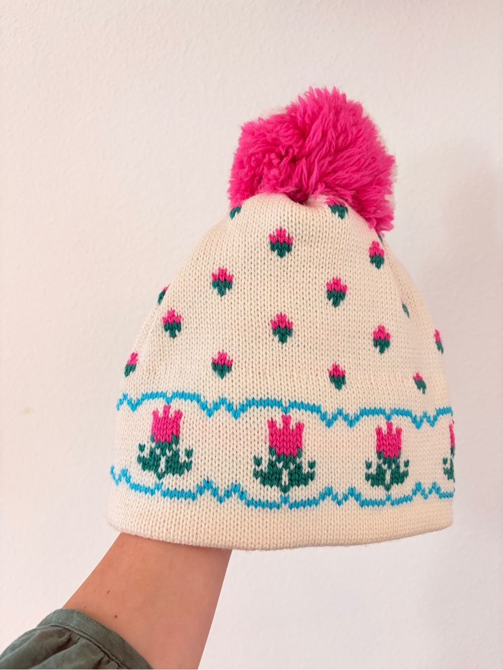 Cream Knit Pom-Pom Beanie with Pink Floral Motif